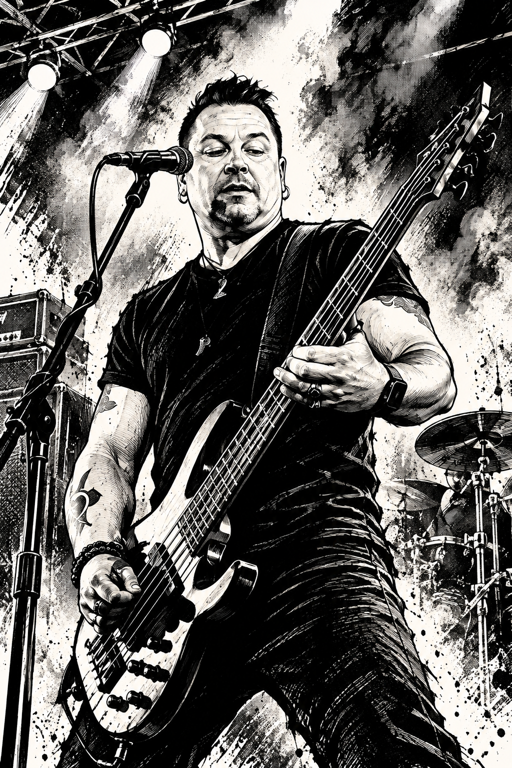 Black-and-white metal comic illustration of the bassist at the microphone