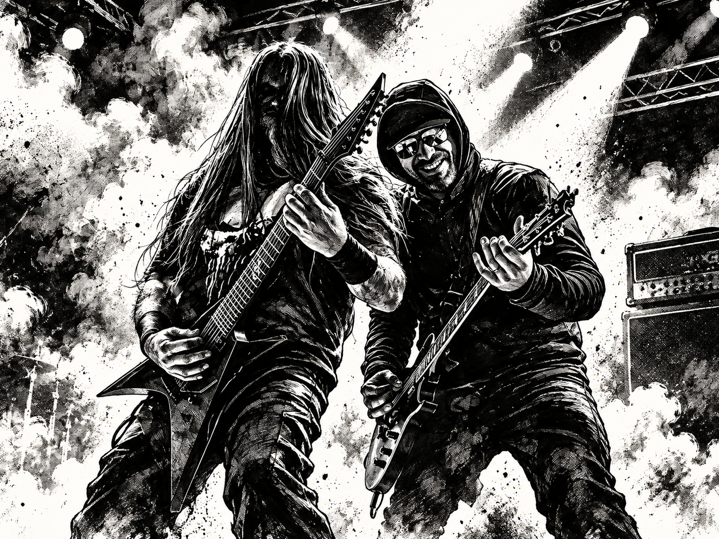 Black-and-white metal comic illustration of two guitarists onstage