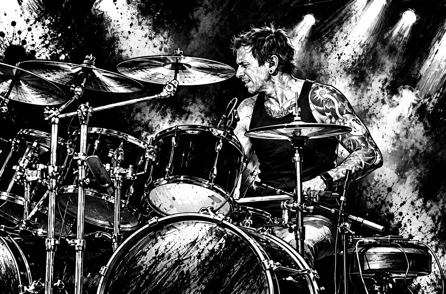 Black-and-white metal comic illustration of the drummer behind his kit