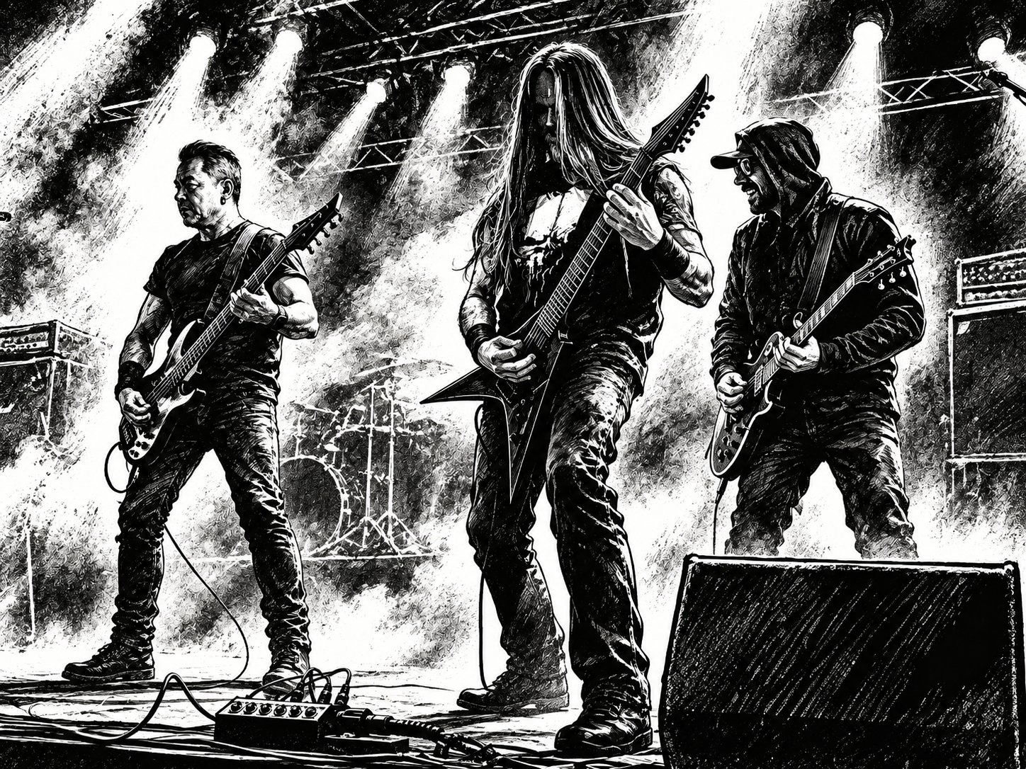 Black-and-white metal comic illustration of Bastarized performing live